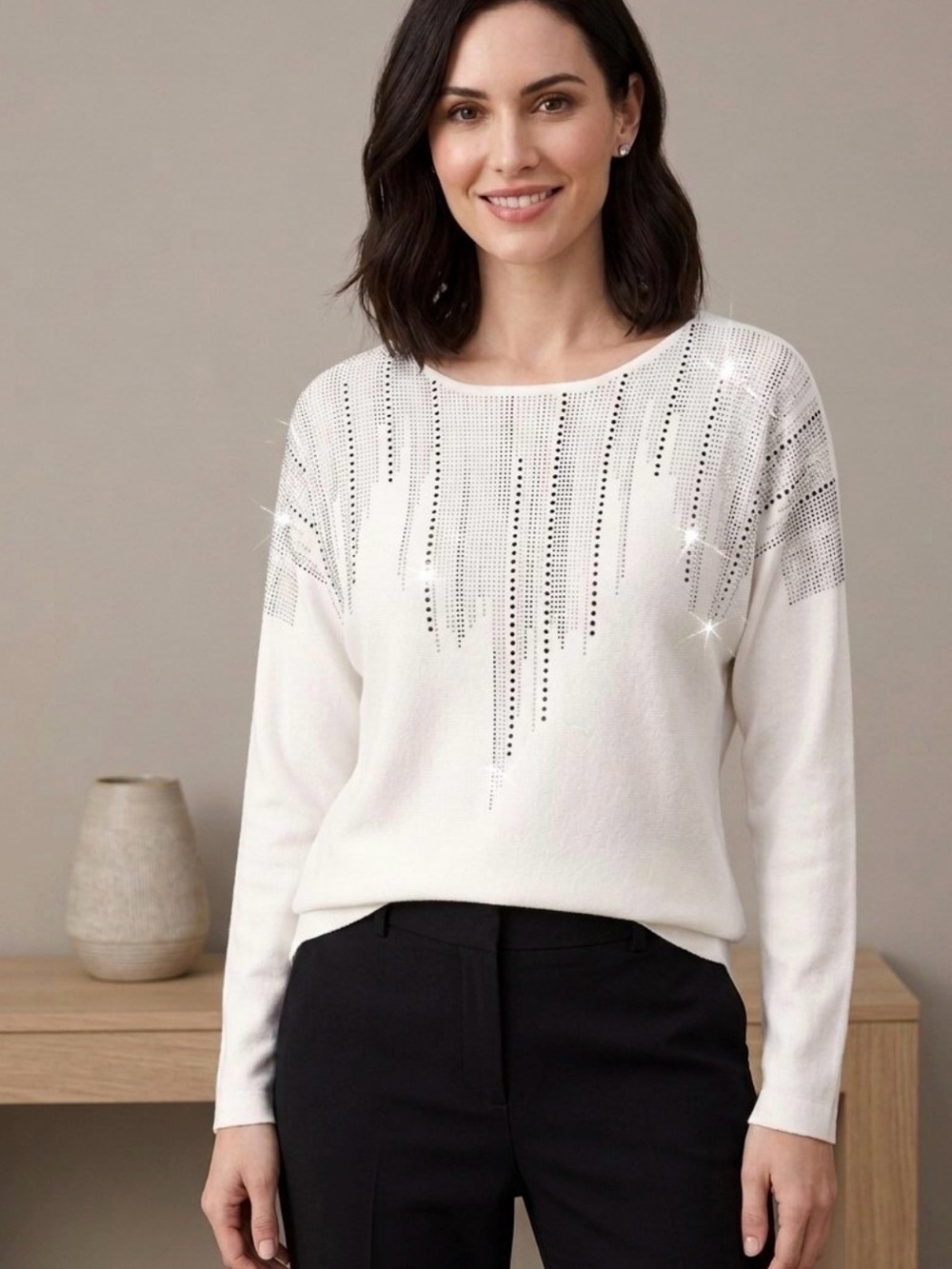 Women's White Embellished Crewneck Sweater